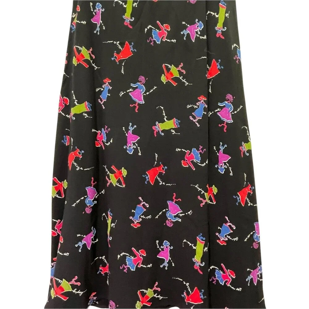 Carol Anderson Petite Vintage 90s Midi Skirt P Black Novelty Print Rayon USA Y2K